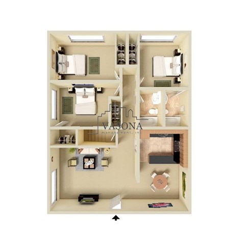 A floor plan of a two-bedroom apartment with a living room, kitchen, and bathroom.
